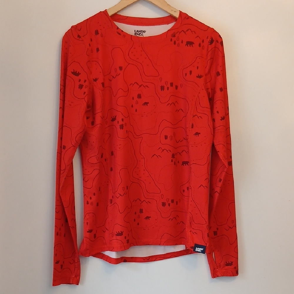 Lands' End Unisex Kids XXL Bright Red Thermal Camp Print Long Sleeve Tee